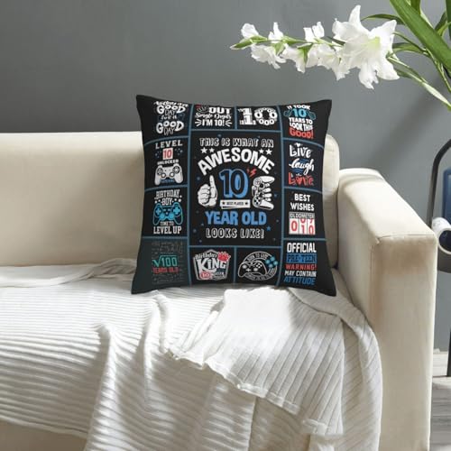 10th Birthday Gift for Boy 18x18 Inch Throw Pillow Cover, Black Design