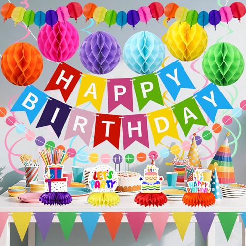Recosis All-in-One Birthday Decoration Kit with Banner and Honeycomb Balls
