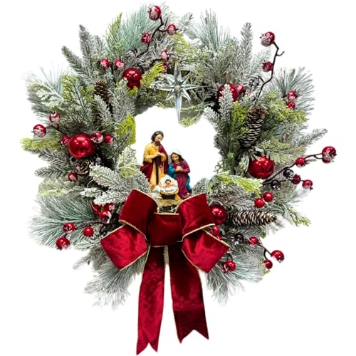 Lighted Christmas Wreath with Nativity Scene - 22 Inch Holiday Decor