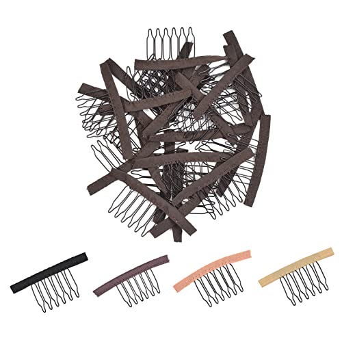 24 Pcs Wig Combs 6-Teeth Metal Wig Cap Clips Secure Hair Extensions Dark Brown