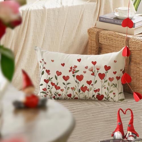 RABUSOFA Valentines Pillow Cover 12x20 Inch Waterproof Red Love Heart Floral Lumbar Throw Pillowcase for Indoor Outdoor Decor - Pack of 1