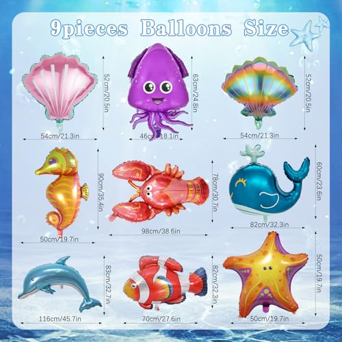 9 Pc Ocean Sea Animal Foil Balloon Set for Under The Sea Party Decor