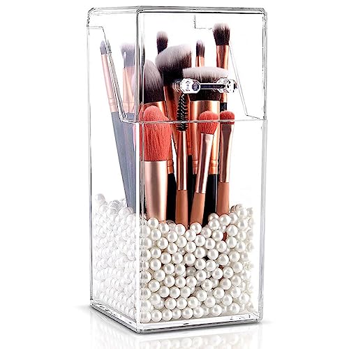 Clear Acrylic Makeup Brush Organizer with Dustproof Lid - 21 cm