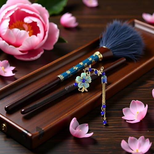 Blue Wooden Hair Stick Vintage Tassel Floral Hairpin for Updos Hanfu