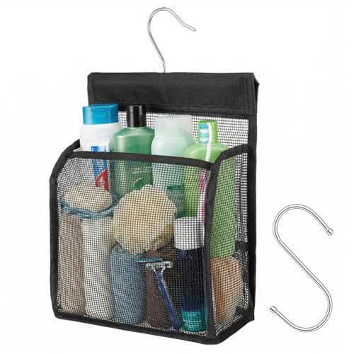 WJIAAA Black Mesh Shower Caddy Hanging Organizer with Rotating Hooks