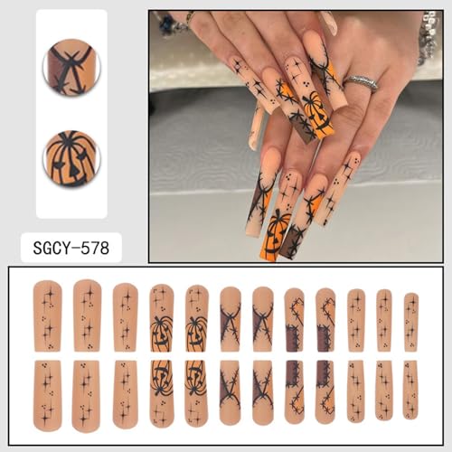 Long Square Halloween Press on Nails with Pumpkin Designs 24Pcs
