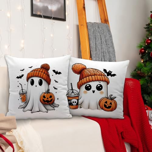 Fall Ghost Pillow Covers 18x18, Soft Flannel Halloween Decor (Set of 2)
