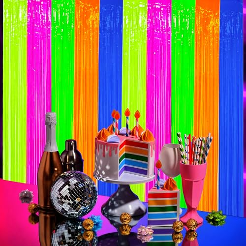 Neon Foil Fringe Curtains - 2 Pack Glow in The Dark Tinsel Streamers, 3.3 x 6.6 Ft