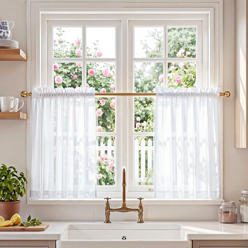 NICETOWN White Sheer Kitchen Curtains, 24" Long, 2 Panels