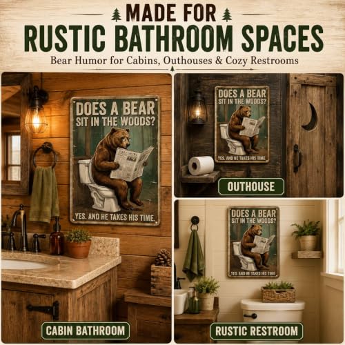 Funny Bear Outhouse Bathroom Sign - 8x12 Inch Wall Art