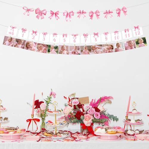 Pre-Strung Pink Bow 1st Birthday Photo Banner with Clips