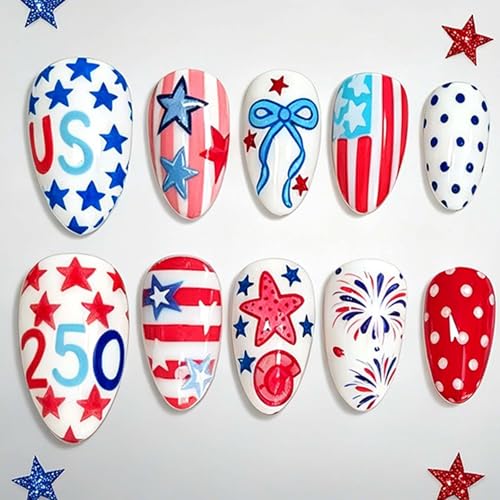 4th of July Press on Nails Medium Almond USA Flag Fake Nails