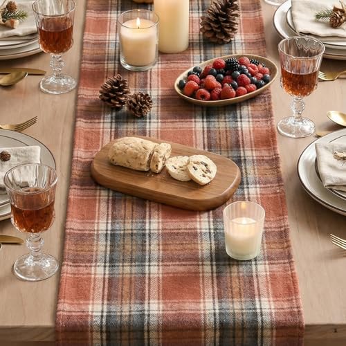 Rust Farmhouse Table Runner 13x72 Inch - Fall Plaid Home Decor, Durable Polyester