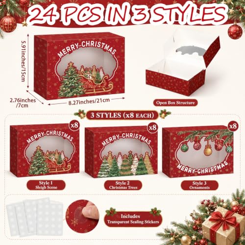 Christmas Cookie Boxes with Window 24 Pack - Tree Design Holiday Gift Packaging