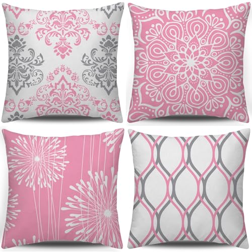 Pink 20x20 Decorative Throw Pillow Covers Set of 4 - Modern Farmhouse Cushion Cases for Sofa & Couch