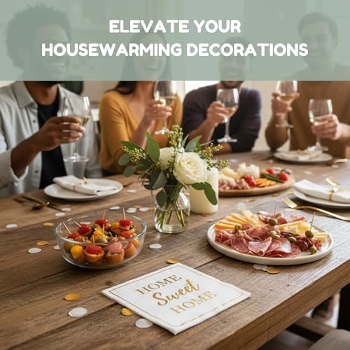 Housewarming Party Napkins 50 Pack - Elegant White & Gold Foil 'Home Sweet Home' Paper Napkins for Gifts & Events