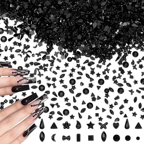 Black Nail Rhinestones 3000 Pcs Multi Shapes 3D Nail Gems Charms