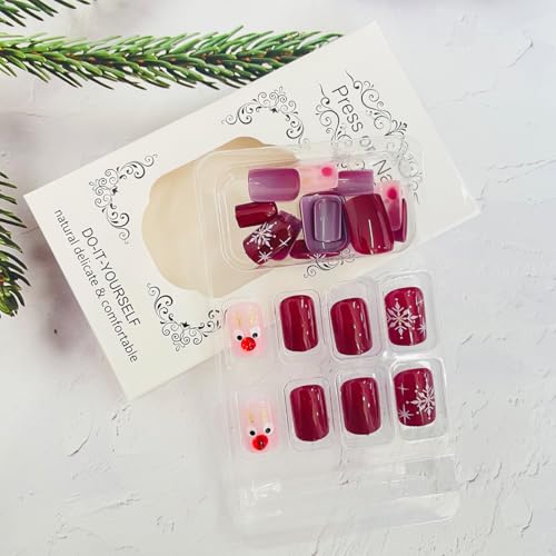 Christmas Press on Nails Short Square False Nails with Snowflake Design
