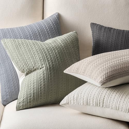 ZeeMart Blue Ashes Waffle Lumbar Pillow Covers Set of 2 20x12 Inches, Cotton