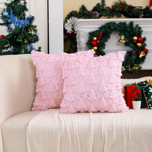 VAKADO 18x18 Pink Christmas Throw Pillow Covers Set of 2 Embroidered Holiday Cushion Cases