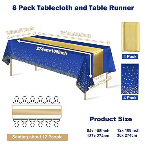 Blue and Gold 8-Pack Disposable Plastic Tablecloths with Satin Table Runner Set for Weddings and Parties