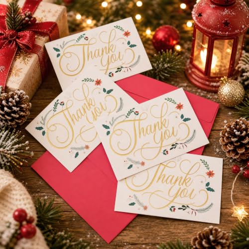50 Pack Christmas Thank You Cards with Gold Foil & Envelopes - 4x6 Inches