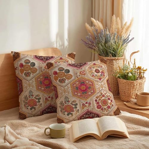 Moroccan Floral Throw Pillow Covers 18x18 Set of 2, Boho Decorative Cushions