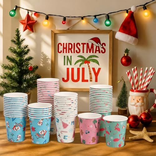 Christmas Disposable Paper Cups - Summer Christmas Style, 100 Pieces
