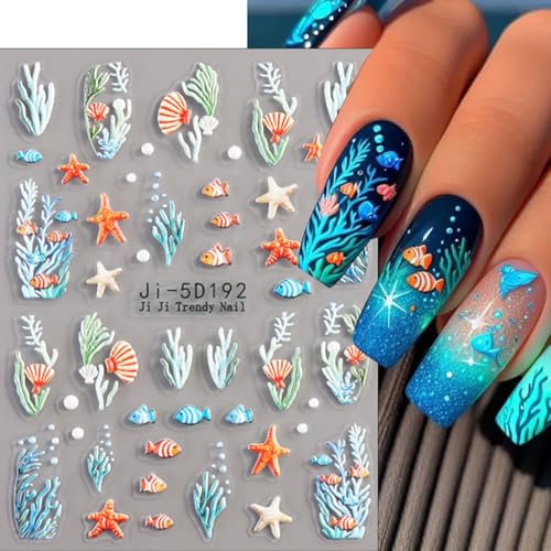 Ocean Nail Stickers 3 Sheets Summer Beach 5D Embossed Decals