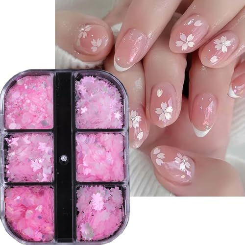 Cherry Blossom Nail Art Glitter Sequins 6 Grids Mixed Butterfly and Heart