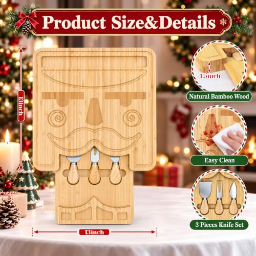 Christmas Nutcracker Charcuterie Board Gift Set with Utensils - Bamboo, 13x13 Inches