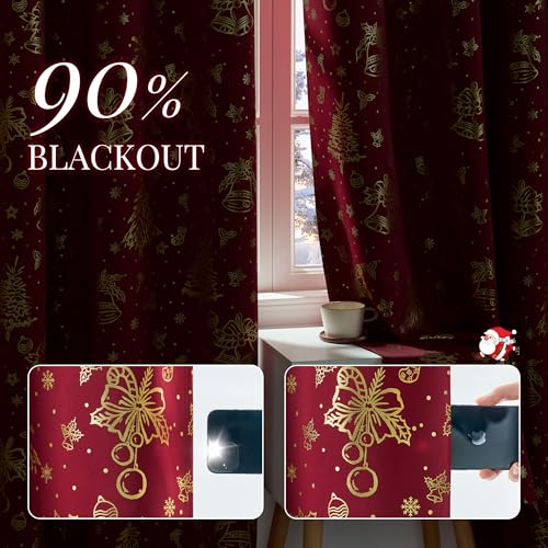 Red Christmas Blackout Curtains 63 Inch for Bedroom Living Room - Gold & Red / Pack of 2