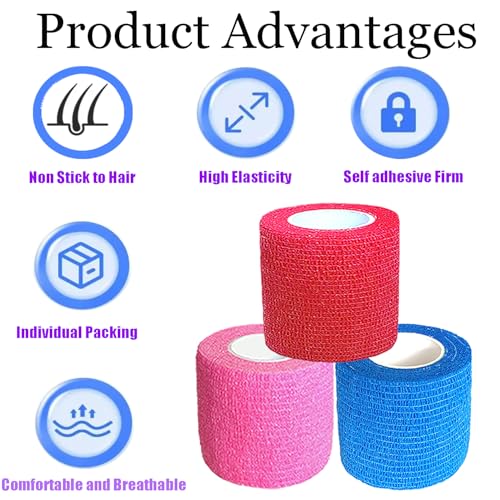 3 Pack 2 Inches Self Adhesive Bandage Wrap Vet Wrap for Pets, Stretch Self Adherent Tape Cohesive Wrap for Athletic, Sports, Wrist and Ankle(Multi Colors)