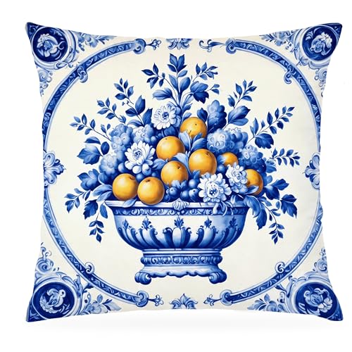 Coastal Blue and White Lemon Pillow Cover 18x18 - Double-Sided Flannelette