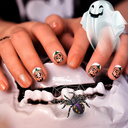LINSSQ Halloween Short Squoval Press On Nails Witchy Orange Fake Nails