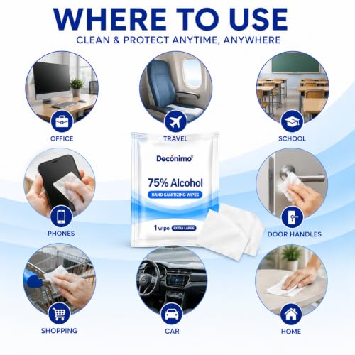 75% Ethyl Alcohol Extra Large Sanitizing Wipes - 100 Individually Wrapped 6x8 Inch Wipes for Travel, Office & Home
