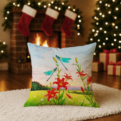 Spring Dragonfly Throw Pillow Covers 18x18 Red Floral Decorative Cushion