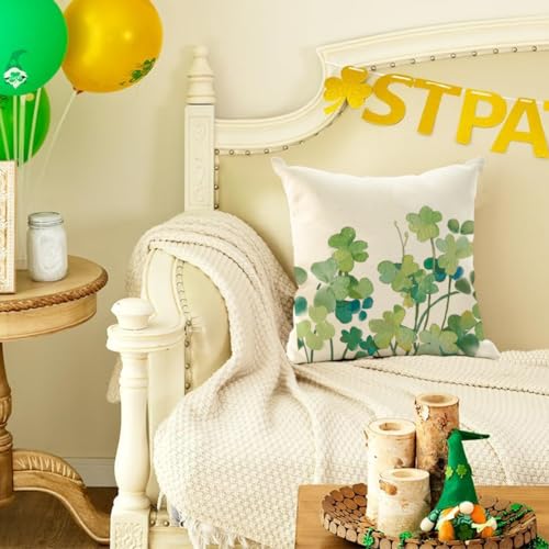 St. Patrick’s Day Shamrock Pillow Cover, 18x18 Inch Watercolor Lucky Clover