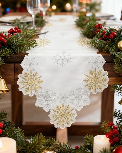 Gold 13x54 Inch Embroidered Snowflake Christmas Table Runner