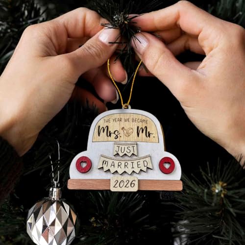 2026 First Christmas Married Ornament - Rustic Laser-Engraved Wedding Gift