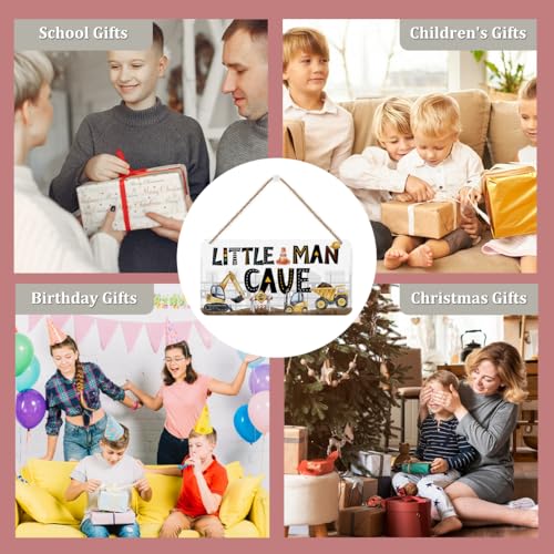 Little Man Cave Sign - Boys Construction Truck Wooden Wall Plaque Multi0456