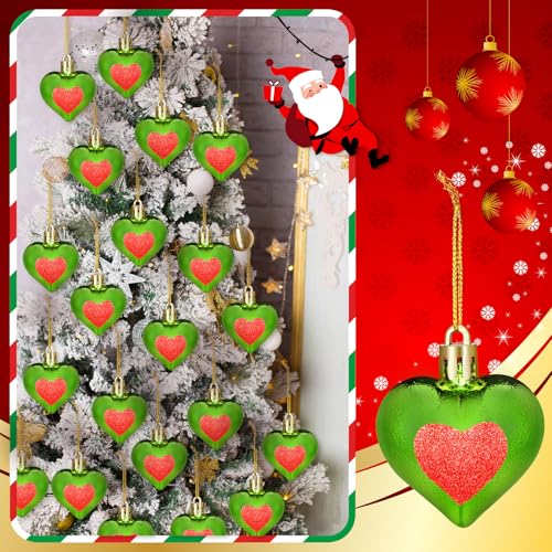 Lunmon 1.8 Inch Christmas Heart Ornaments - Lime Green & Red Set of 24 - Classic Variation