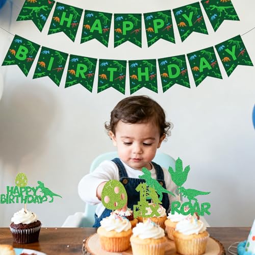 Dinosaur Happy Birthday Banner and Cupcake Toppers Party Set