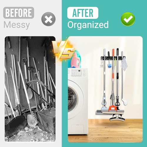 InPoTo Wall Mount Broom Holder, 5 Slots 6 Hooks Mop Organizer Rack (1-Pack)