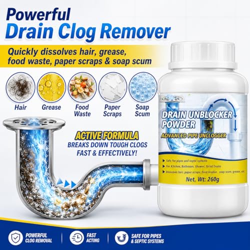 Lubynia Powerful Drain Clog Remover Powder, 260g Fast-Acting Pipe Cleaner