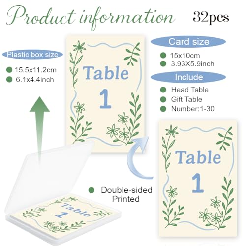 Wedding Table Numbers Cards Set - 32 Double-Sided 1-30 with Leaf Design
