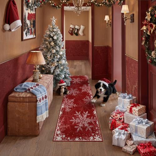 Bright Red 2ft x 6ft Christmas Snowflake Runner Rug - Holiday Hallway Carpet