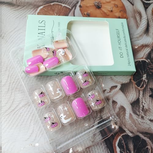 Halloween Press on Nails Short Square Cute Ghost Pumpkin Fake Nails 24 Pcs