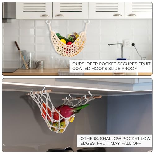 HaiFafafaing Khaki Hanging Fruit Hammock with Hooks – Under Cabinet Macrame Basket for Kitchen Storage