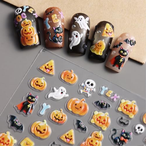 TailaiMei Halloween Nail Stickers Embossed Pumpkin Ghost Decals DIY
